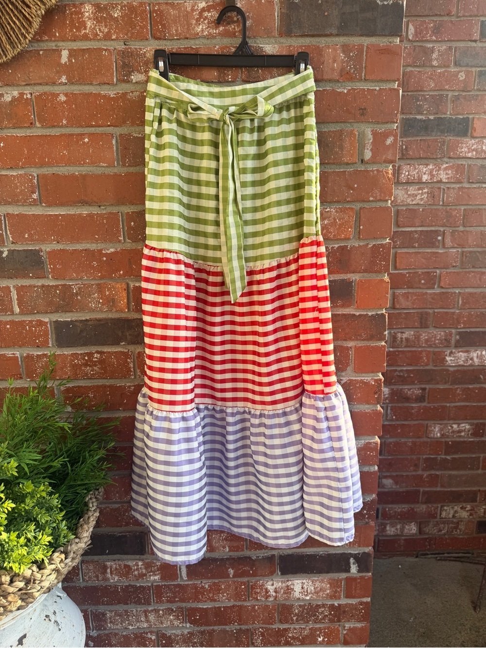 A Porter Collective Multi-Color Gingham Tiered Maxi Skirt - Green/Red/Lavender